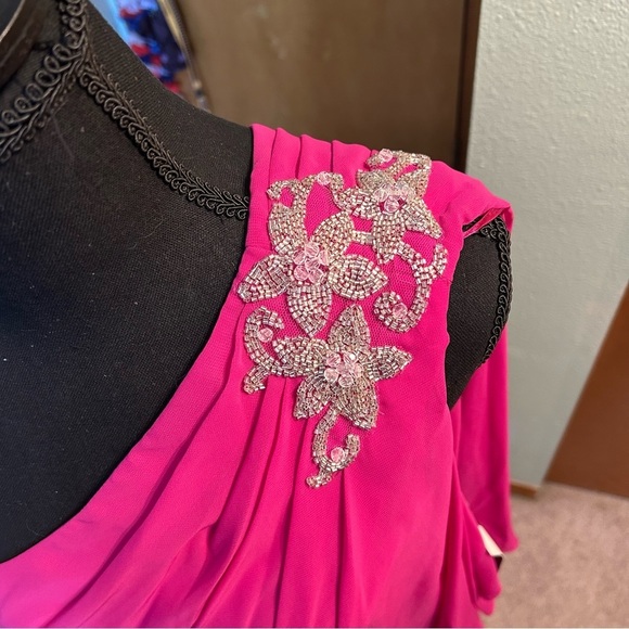 JS Boutique vintage fuchsia chiffon draped one shoulder dress beaded size 10 - Picture 5 of 13